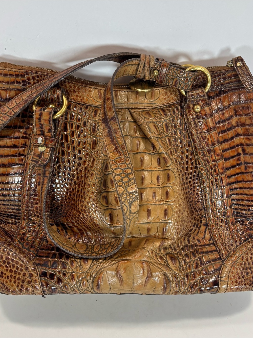 Brahmin Tan Belinda Croc Leather Embossed Hobo Bag Purse Designer Dual Pockets - Picture 5 of 12